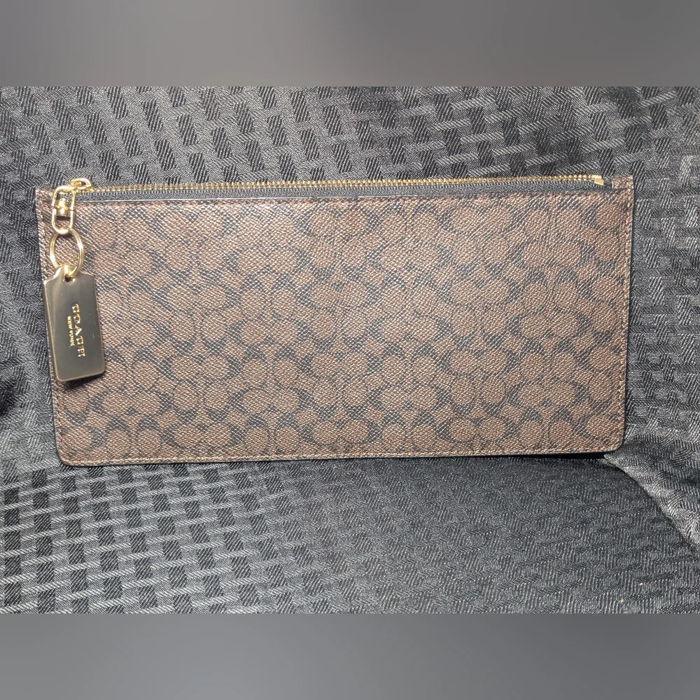 Dark Brown Leather Coach Long Pouch with Gold Accents. - Picture 3 of 4